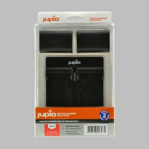 Jupio Dual Charger Kit - USB-s töltő 2db utángyártott Canon LP-E6 akkumulátorral - csomagolásban