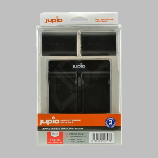Jupio Dual Charger Kit - USB-s töltő 2db utángyártott Canon LP-E6 akkumulátorral - csomagolásban