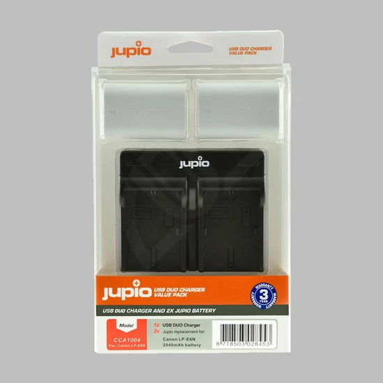 Jupio Dual Charger Kit - USB-s töltő 2db utángyártott Canon LP-E6N ULTRA akkumulátorral - csomagolásban