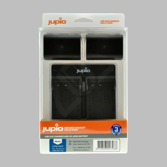 Jupio Dual Charger Kit - USB-s töltő 2db utángyártott Panasonic DMW-BLF19E akkumulátorral - csomagolásban