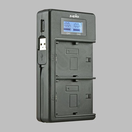 Jupio USB digitális DUO töltő Sony NP-FM50, NP-F550/F750/F970 akkumulátorokhoz - előlnézet